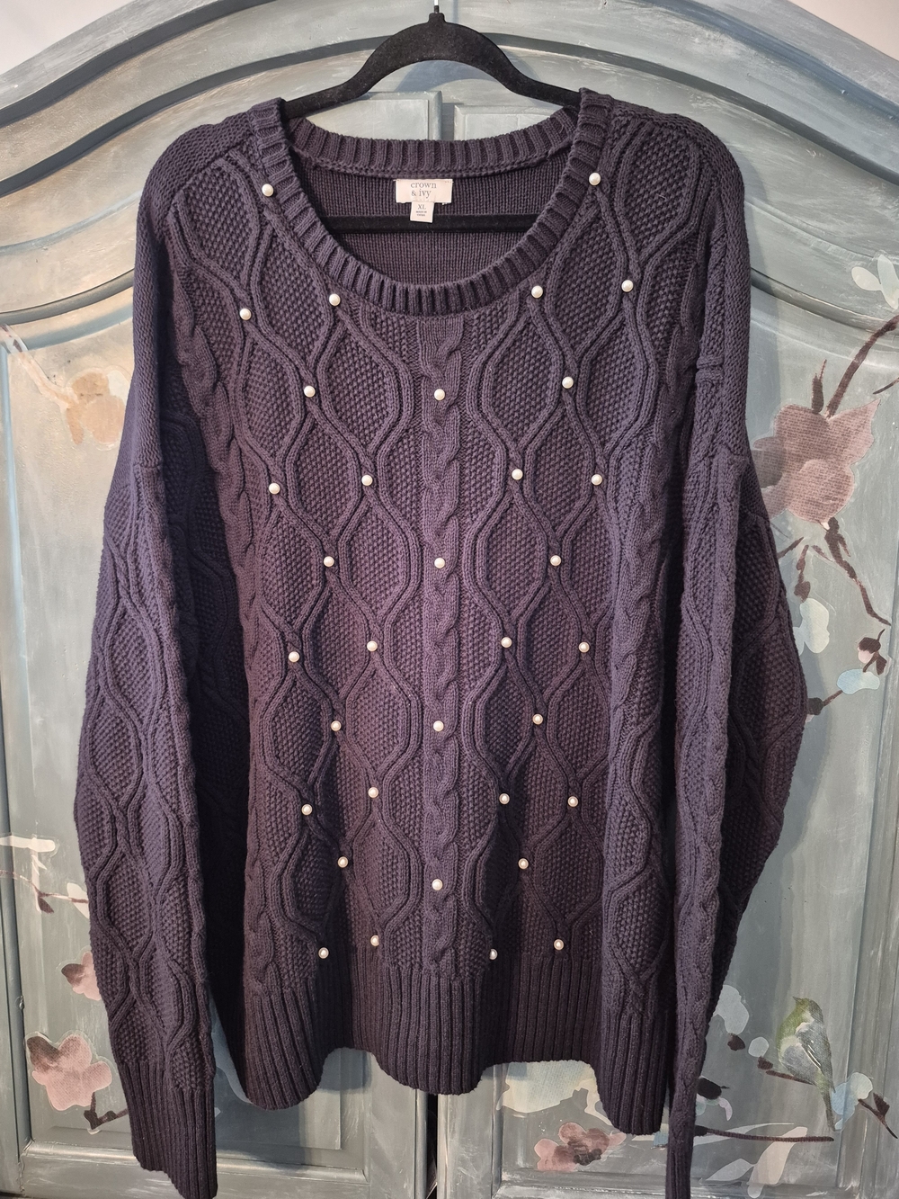 crown & ivy Navy Pearl-Studded Cable Knit Crewneck Sweater